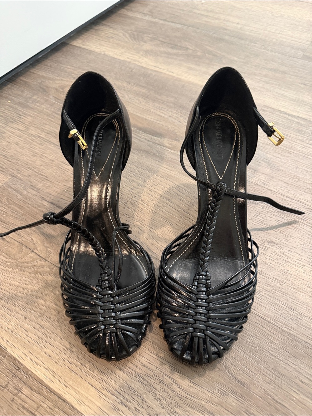 Zimmermann Black Woven Leather Ankle-Tie Heels